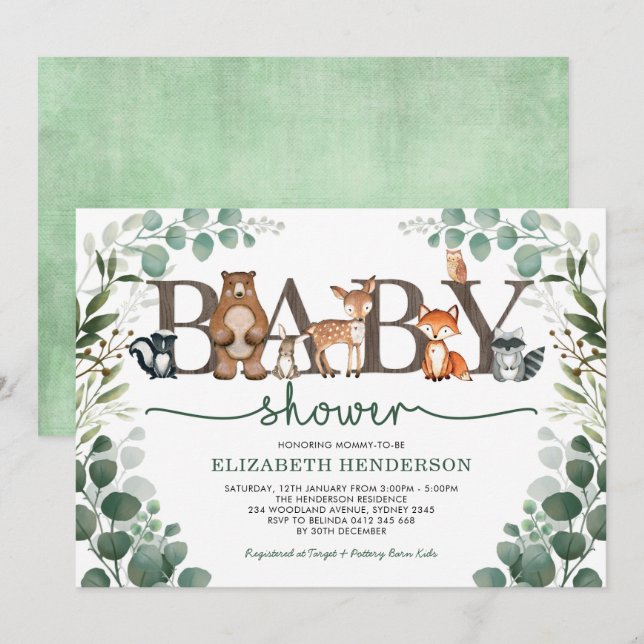 Eucalyptus Greenery Woodland Animals Baby Shower Inbjudningar (Fram/baksida)