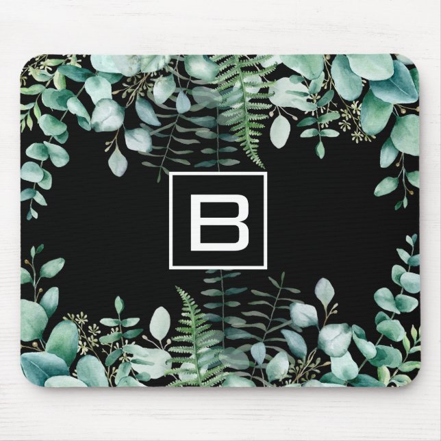 Eucalyptus greenery woodland ferns monogram svart musmatta (Framsidan)
