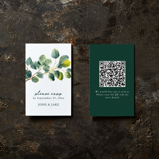 Eucalyptus gren bröllop qr-osa tilläggskort (Eucalyptus wedding RSVP card with watercolor branch and QR code for online response.)