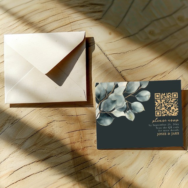 Eucalyptus gren, grönt bröllop OSA Tilläggskort (Eucalyptus branch, green wedding rsvp card with gold QR Code and text)