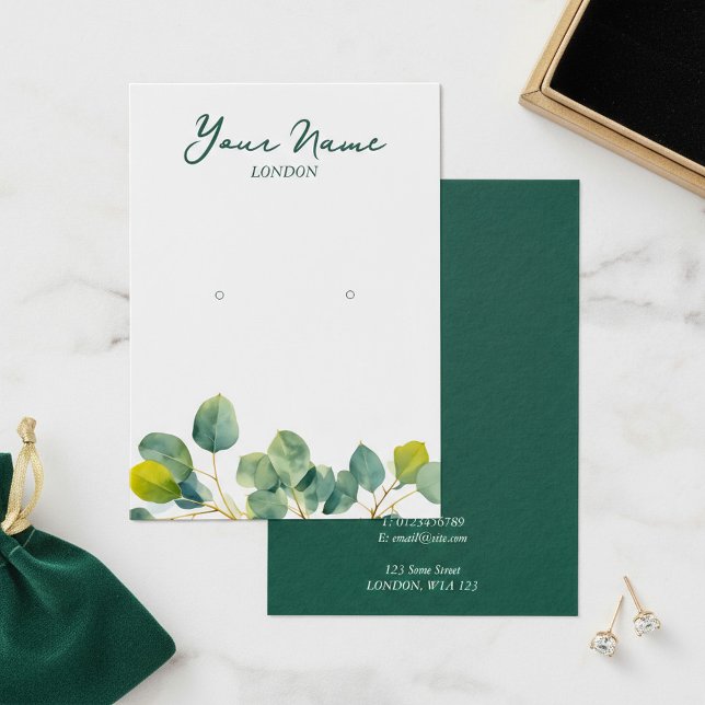 Eucalyptus gren grönt leafy earring visning card visitkort (Eucalyptus branch green leafy earring display card.)