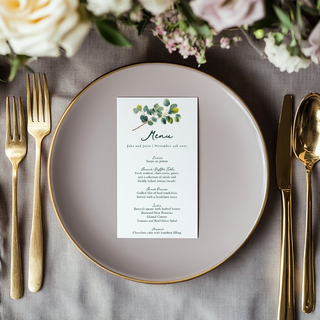 Eucalyptus gren grönt och vit bröllop-meny meny (Eucalyptus greenery wedding menu card with elegant script and minimalist design.)