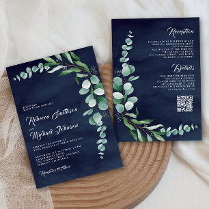 Eucalyptus Gren marinblå QR-kod Bröllop Inbjudningar