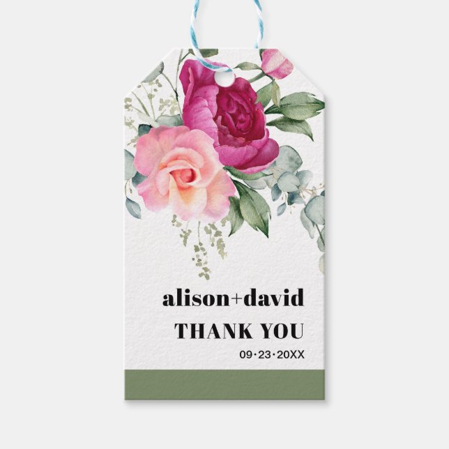 Eucalyptus gren, rosa ros typografi bröllop presentetikett (Framsidan)