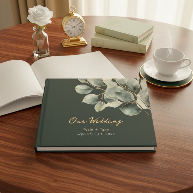 Eucalyptus gren söt bröllop gäst bok (Eucalyptus branch pretty wedding guest book.)