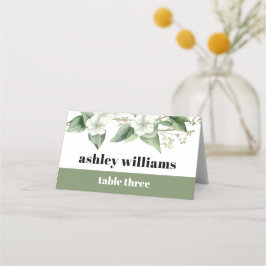 Eucalyptus gren vita blommor typografi bröllop placeringskort