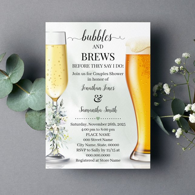 Eucalyptus grenery bubbles and bredusch inbjudningar (Eucalyptus Greenery Bubbles and Brews Couples shower invitation Champagne & Beers Greenery Wedding)