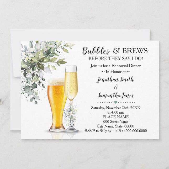 Eucalyptus grenery bubbles & brews rehearsal inbjudningar (Framsida)