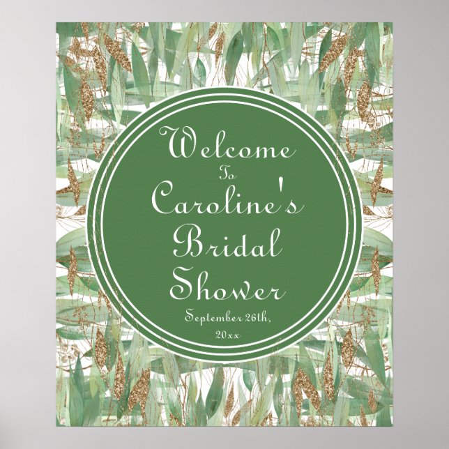 Eucalyptus Grön Guld Glitter Bröllopsvälkomst Poster (Framsidan)