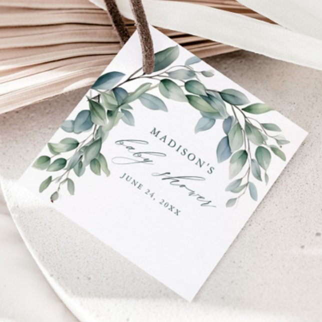 Eucalyptus Grönska Barnkalas Gåvor Etiketter (Elegant Eucalyptus Greenery Script Baby Shower Favor Tags.)