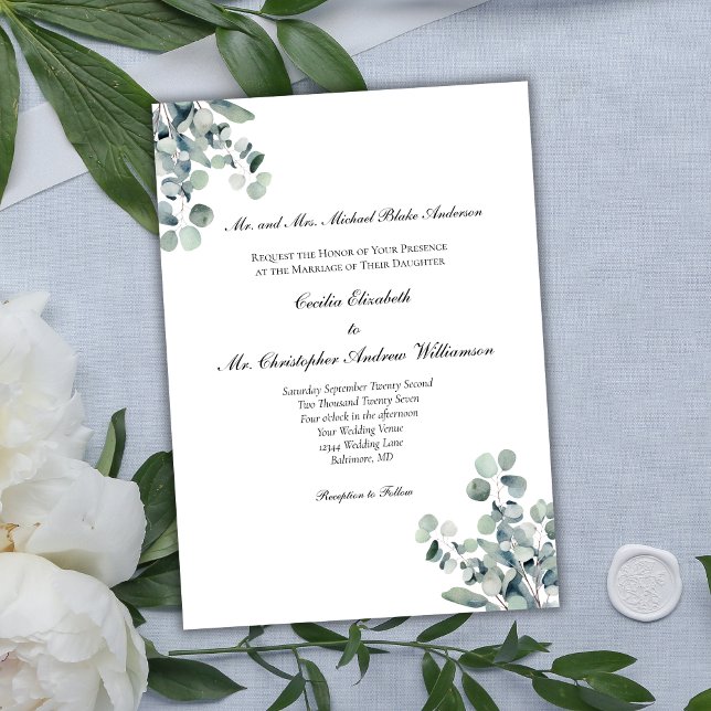 Eucalyptus Grönska Elegant Formell Formulering Brö Inbjudningar (Eucalyptus Greenery Botanical Formal Traditional Wording Wedding Invitation)