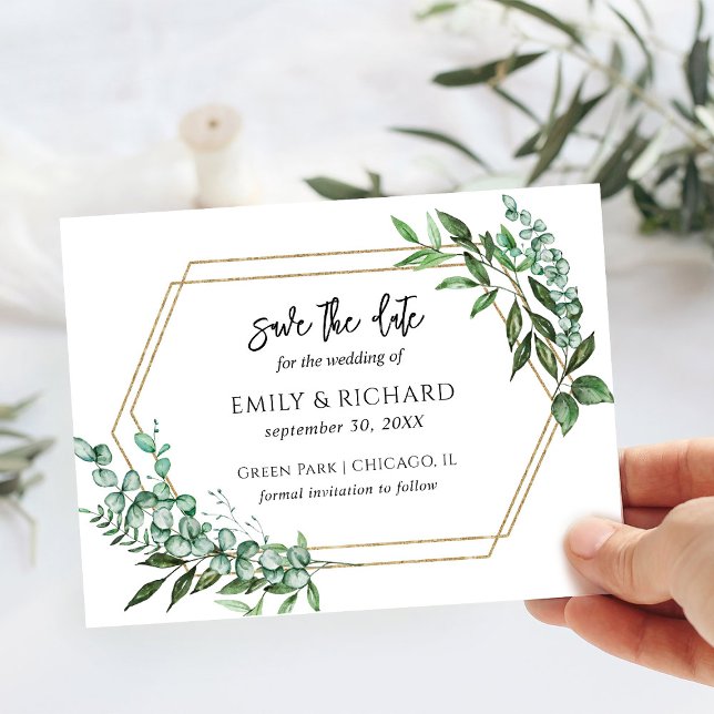 Eucalyptus Grönska Guld Spara Datum Vykort (Skapare uppladdad)