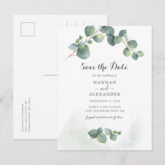 Eucalyptus Grönska Script Botanisk Spara Datum Meddelande Vykort (Fram/baksida)