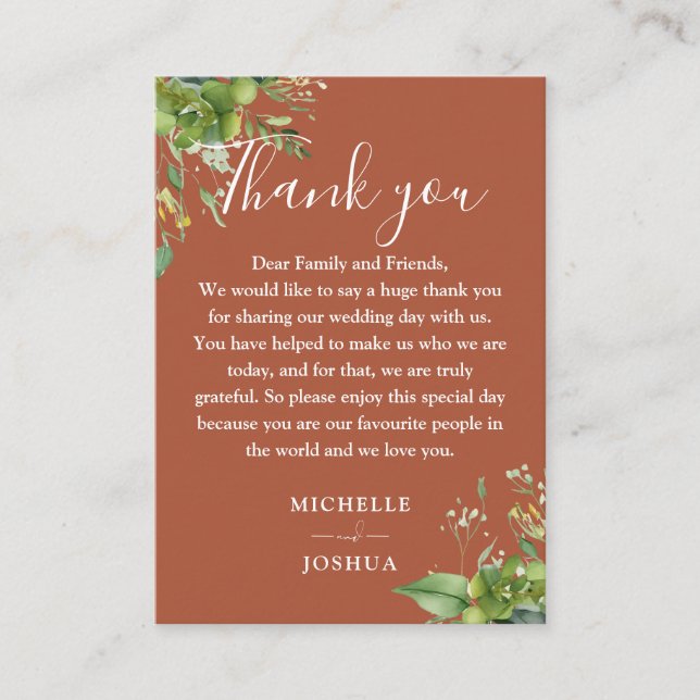 Eucalyptus Grönska Terrakotta Bröllop Tack Placeringskort (Framsida)
