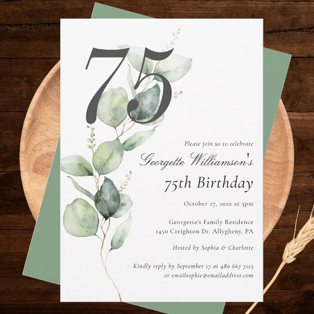 Eucalyptus Grönskande Skrift 75-årsdag Inbjudningar (Watercolor Eucalyptus Minimalist 75th Birthday Party Invitation)