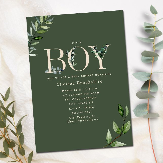 Eucalyptus Grönt Beige Boy Shower-inbjudan Inbjudningar (Skapare uppladdad)