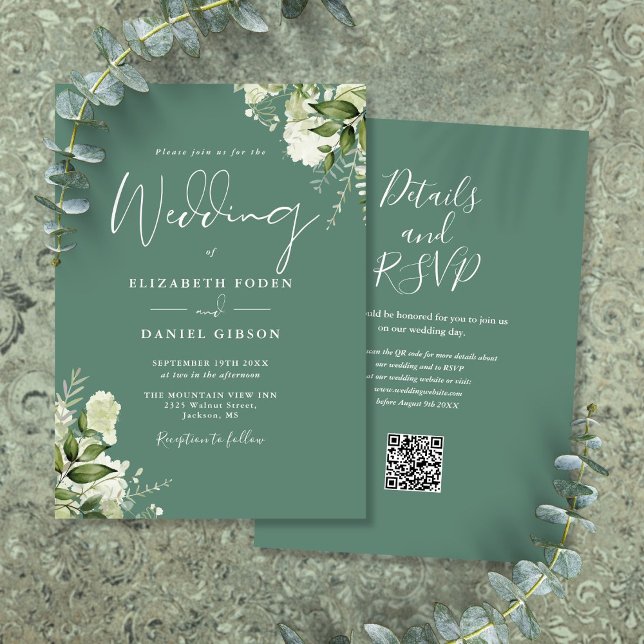 Eucalyptus Grönt Blommigt QR Code Bröllop Inbjudningar (Eucalyptus Green Floral QR Code Wedding Invitation)