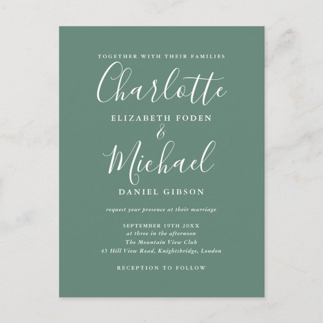 Eucalyptus Grönt Elegant Modern Script Bröllop Inbjudan Vykort (Framsida)