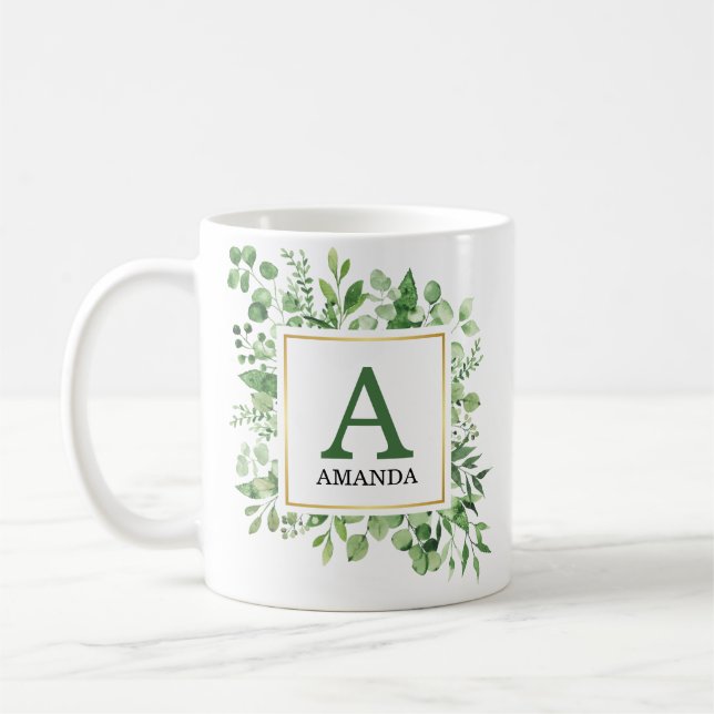 Eucalyptus Grönt Foliage Monogrammed Mugg (Vänster)