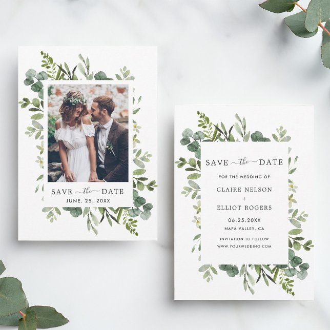 Eucalyptus Grönt Foliage Save Date Photo Card Spara Datumet (Front & Back)