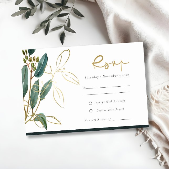 EUCALYPTUS GRÖNT GOLD FOIL FOLIAGE BRÖLLOP OSA E TILLÄGGSKORT (Skapare uppladdad)