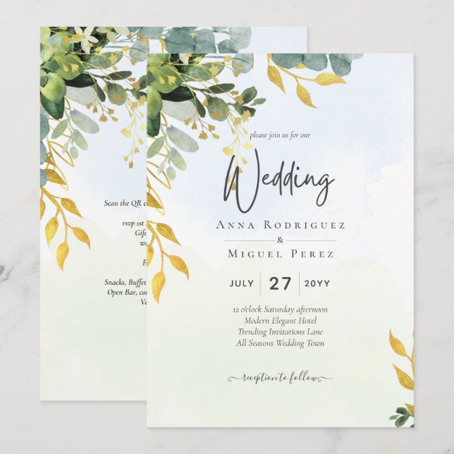 Eucalyptus Grönt Guld bröllopsinbjudan Greenery Inbjudningar (Fram/baksida)