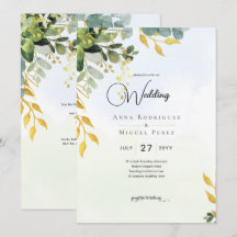 Eucalyptus Grönt Guld bröllopsinbjudan Greenery