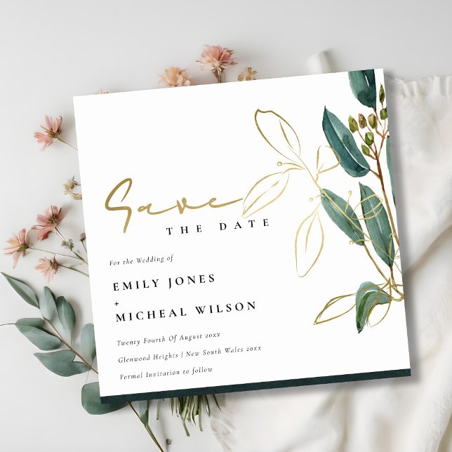 EUCALYPTUS GRÖNT GULD FOLIAGE SPARA DATUM INBJUDAN (Skapare uppladdad)
