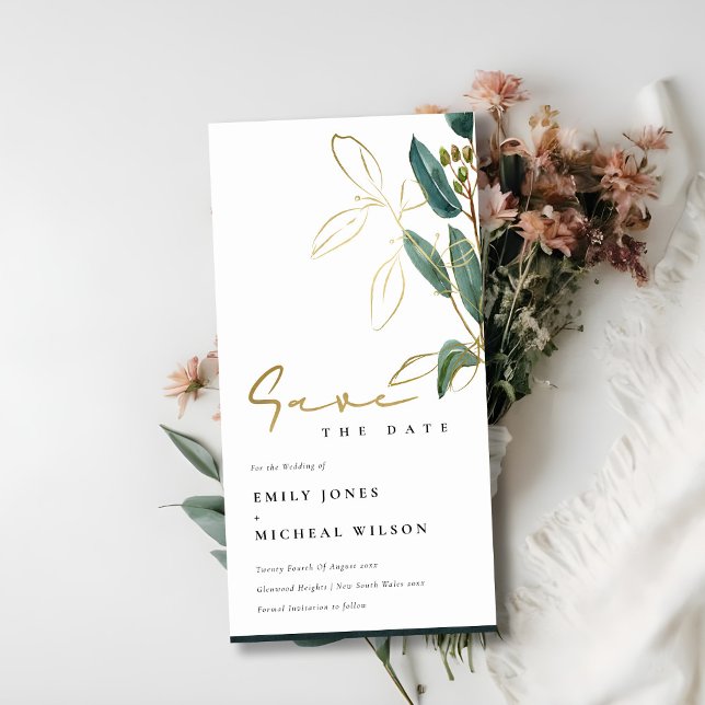 EUCALYPTUS GRÖNT GULD FOLIAGE SPARA DATUM INBJUDAN (Skapare uppladdad)