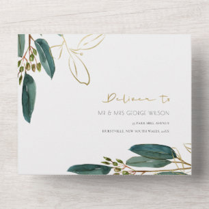 EUCALYPTUS GRÖNT GULD FOLIAGE WATERCOLOR BRÖLLOP A