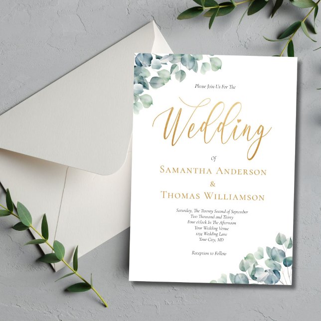 Eucalyptus Grönt Guld Script Elegant bröllop Inbjudningar (Eucalyptus Greenery Gold Script Formal Elegant Wedding invitation)