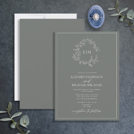 Eucalyptus Grönt Leafy Vapensköld Monogram Bröllop Inbjudningar