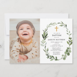 Eucalyptus grönt löv enkel baptismfoto inbjudningar