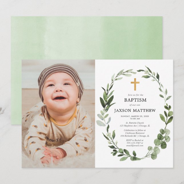 Eucalyptus grönt löv enkel baptismfoto inbjudningar (Fram/baksida)