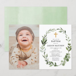 Eucalyptus grönt löv enkel baptismfoto inbjudningar