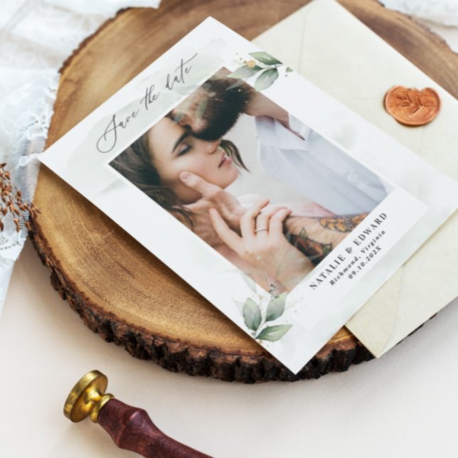 Eucalyptus grönt modern elegant bröllop spara datumet (Skapare uppladdad)