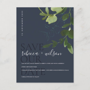 EUCALYPTUS GRÖNT NAVY WATERCOLOR SPARA DATUM MEDDELANDE VYKORT