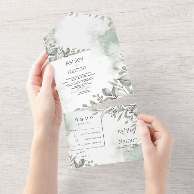Eucalyptus grönt och guld vattenfärgen Bröllop (Avrivbar del)
