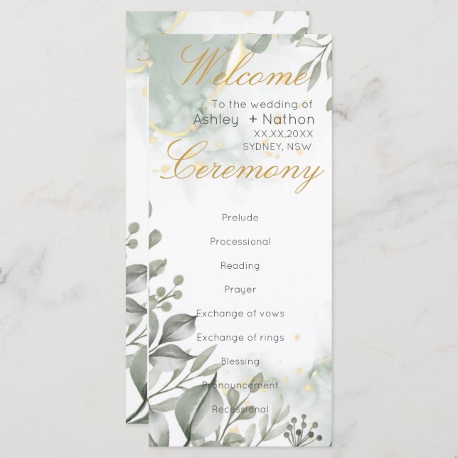 Eucalyptus grönt och guld vattenfärgen Bröllop (Fram/baksida)