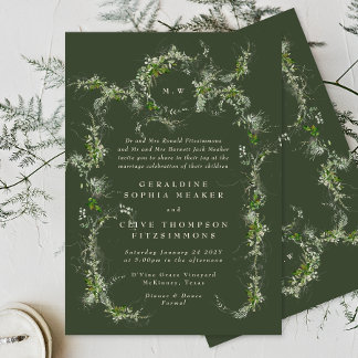 Eucalyptus Grönt Utandning | Cream Monogram Bröllo Inbjudningar