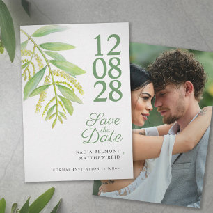 Eucalyptus grönt, vit foto bröllop spara datum datumet