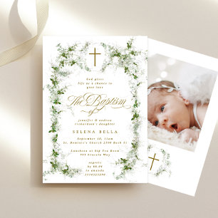 Eucalyptus Grönt Vita Ram Kor Baptism Foto Inbjudningar