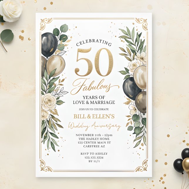 Eucalyptus Guld 50-års bröllopsjubileum Inbjudningar (Skapare uppladdad)