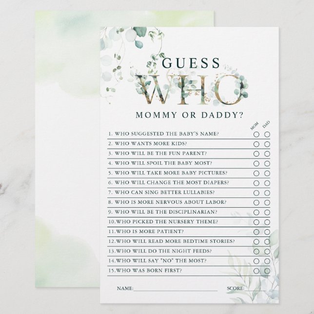 Eucalyptus Guld Brev Mamma eller Pappa Baby Shower (Fram/baksida)