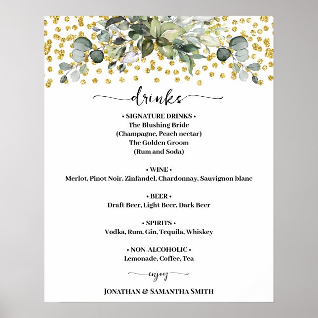 Eucalyptus Guld Bröllop Drinks Menu Sign Poster (Framsidan)
