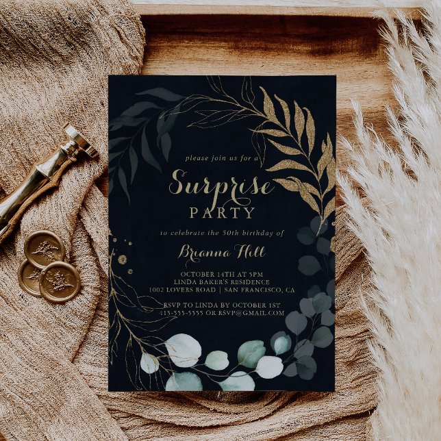 Eucalyptus Guld Calligraphy Blue Surprise Party Inbjudningar (Skapare uppladdad)