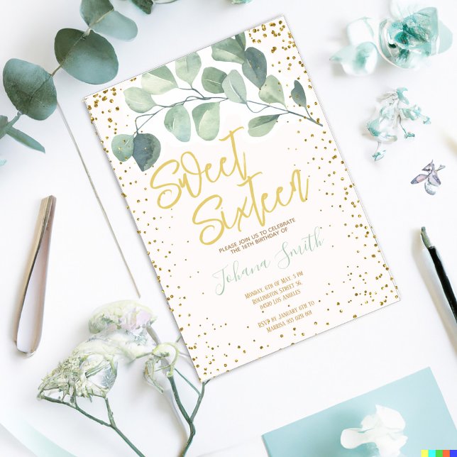 Eucalyptus Guld Confetti Sweet sixteen Birthag Inbjudningar (Skapare uppladdad)