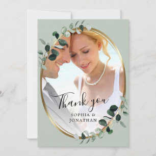 Eucalyptus Guld Elegant Script Sage Photo Bröllop Tack Kort