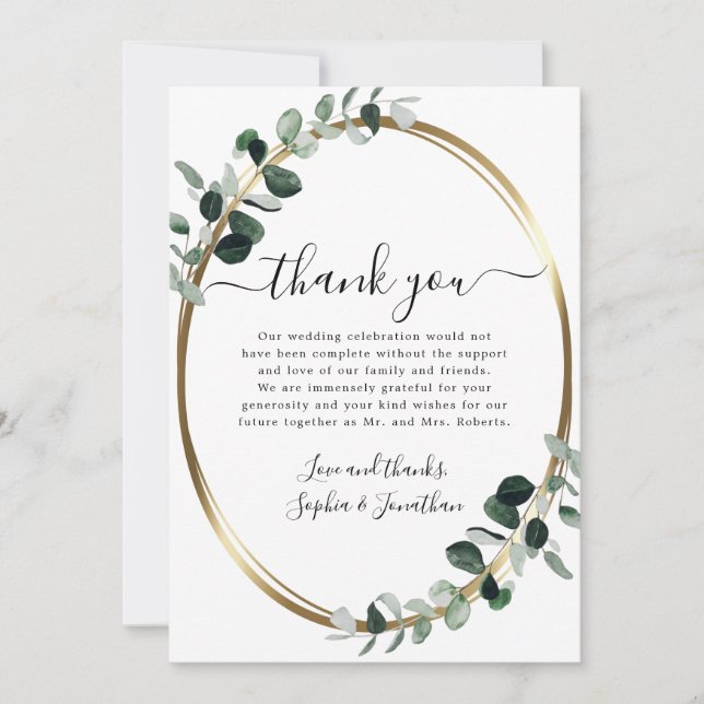 Eucalyptus Guld Elegant Script White Bröllop Tack Kort (Framsida)