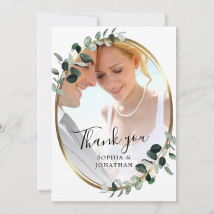 Eucalyptus Guld Elegant Skrift Foto Bröllop Tack Kort